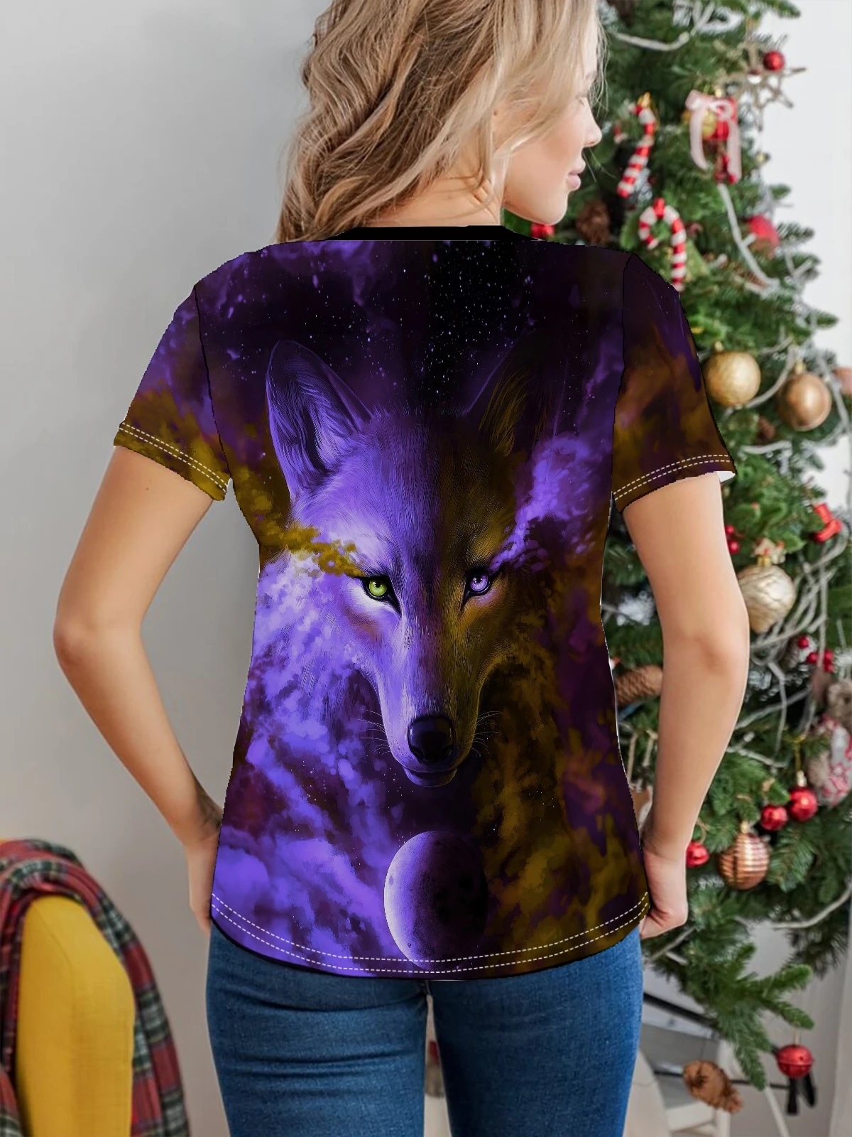 Purple Fox Print Crew Neck T-Shirt Casual Short Sleeve Top For Spring & Summer Women's Clothing