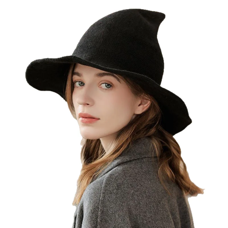 قبعة ساحرة واسعة الحواف للهالوين قبعة عيد الميلاد أنيقة على شكل ساحرة سحرية محبوكة للنساء