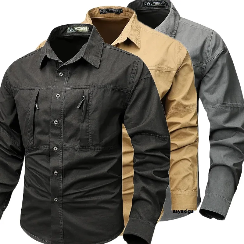 

Men's Casual Shirt 4XL Male Overshirt Two zippers big pockets Cotton Long Sleeve Shirts Men Brand Clothing High Quality Blouse