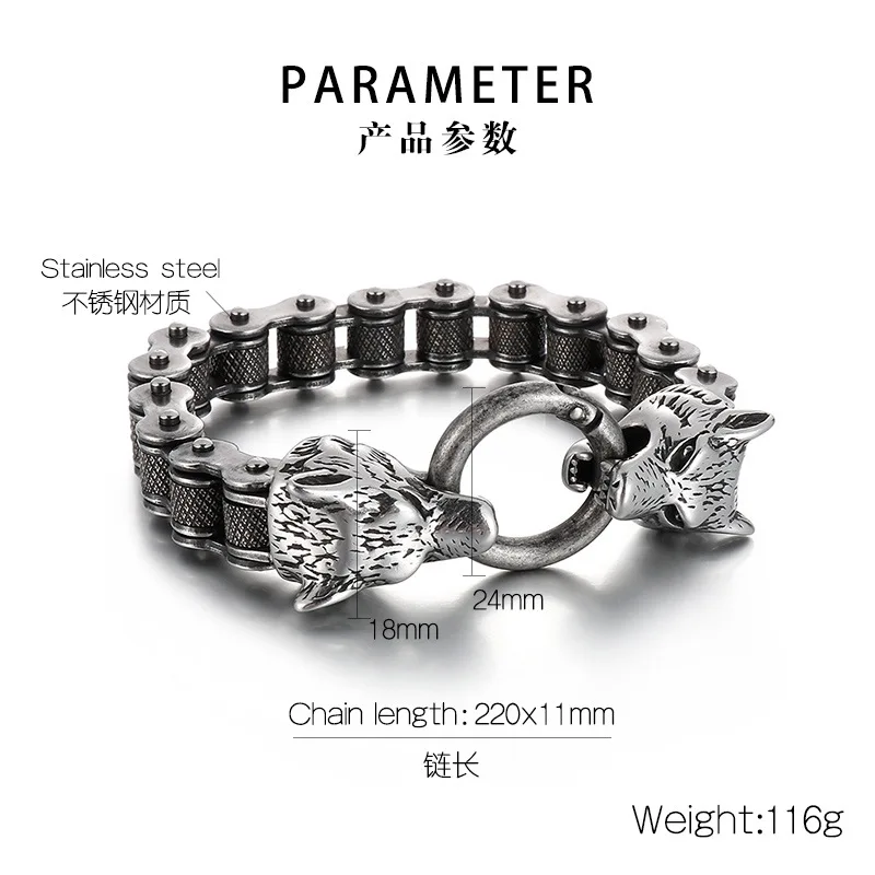 Punk Rock Stainless Steel Double Wolf Head Bicycle Motorcycle Chain Link Bracelet For Men Charm Jewelry Never Fade Gift