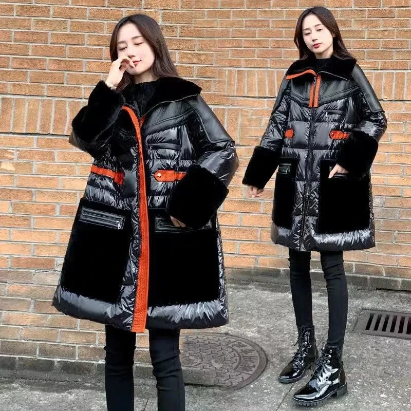 Women\'s 2024 Winter New Black Glossy Splicing Down Jacket Fashion Loose Warm White duck down Coat Female Long Parkas Overcoat