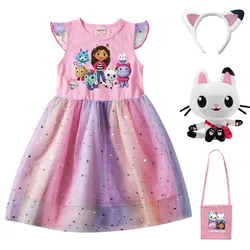 2024 Summer Girls Dress Cotton Cartoon Gabbys Dollhouse Splicing Mesh Party Princess Dresses Mercat Plush Girls Birthday Clothes