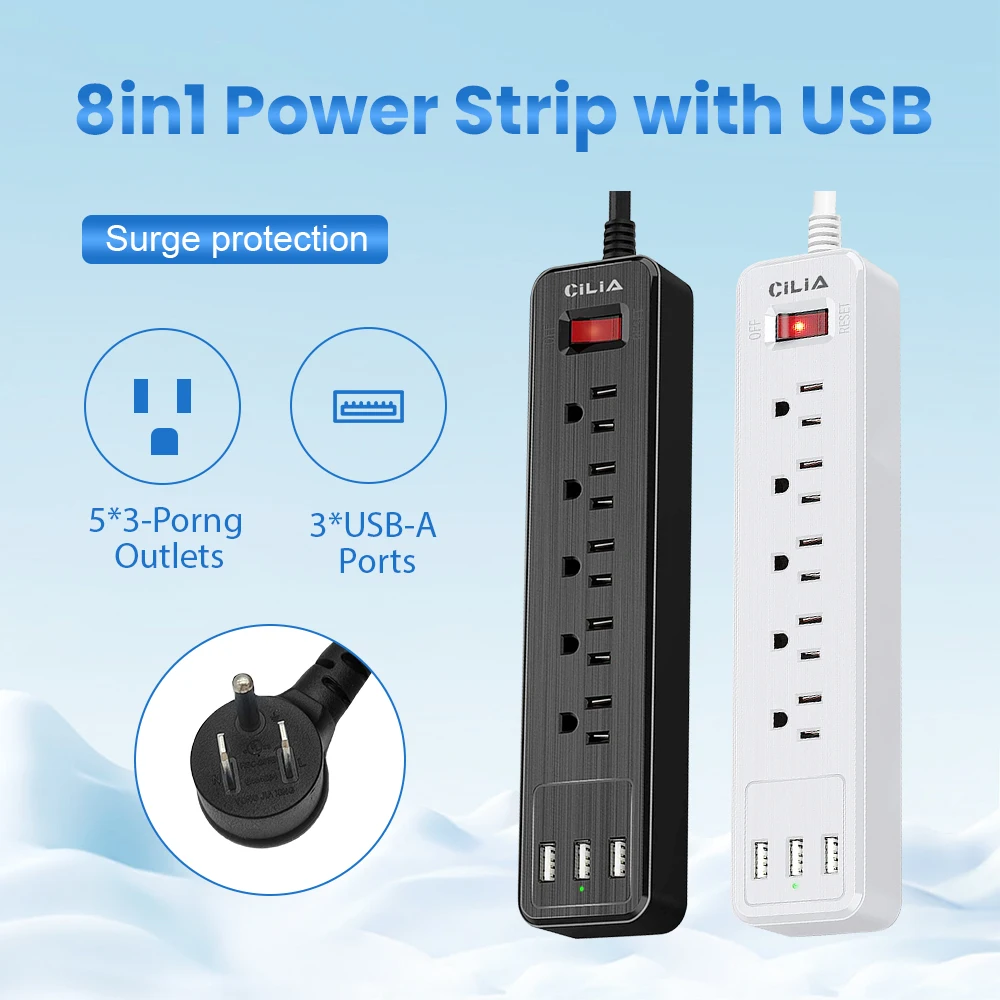 

Multipurpose Home/Office Power Strip - US Standard, High-Power, 5 AC Outlets, 3 USB Charging Ports, 1.5m Cord Length