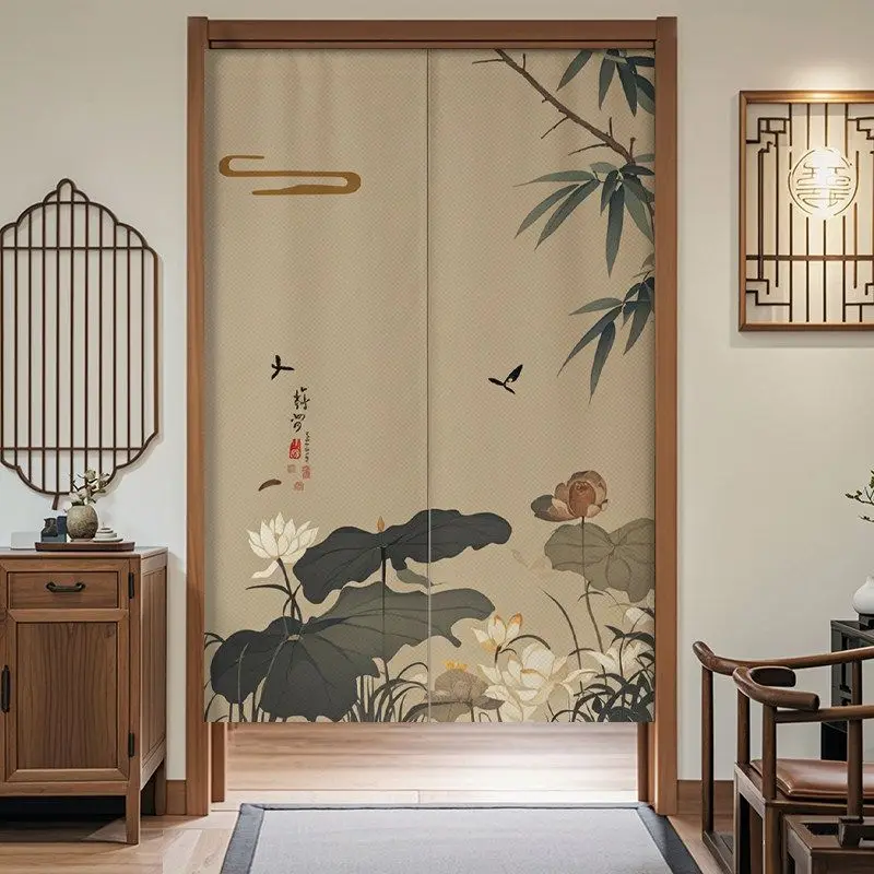 Chinese Ink Osmanthus Lotus Noren Door Curtain Traditional Floral Print Room Divider Curtain Tea Room Bedroom Entryway Decor