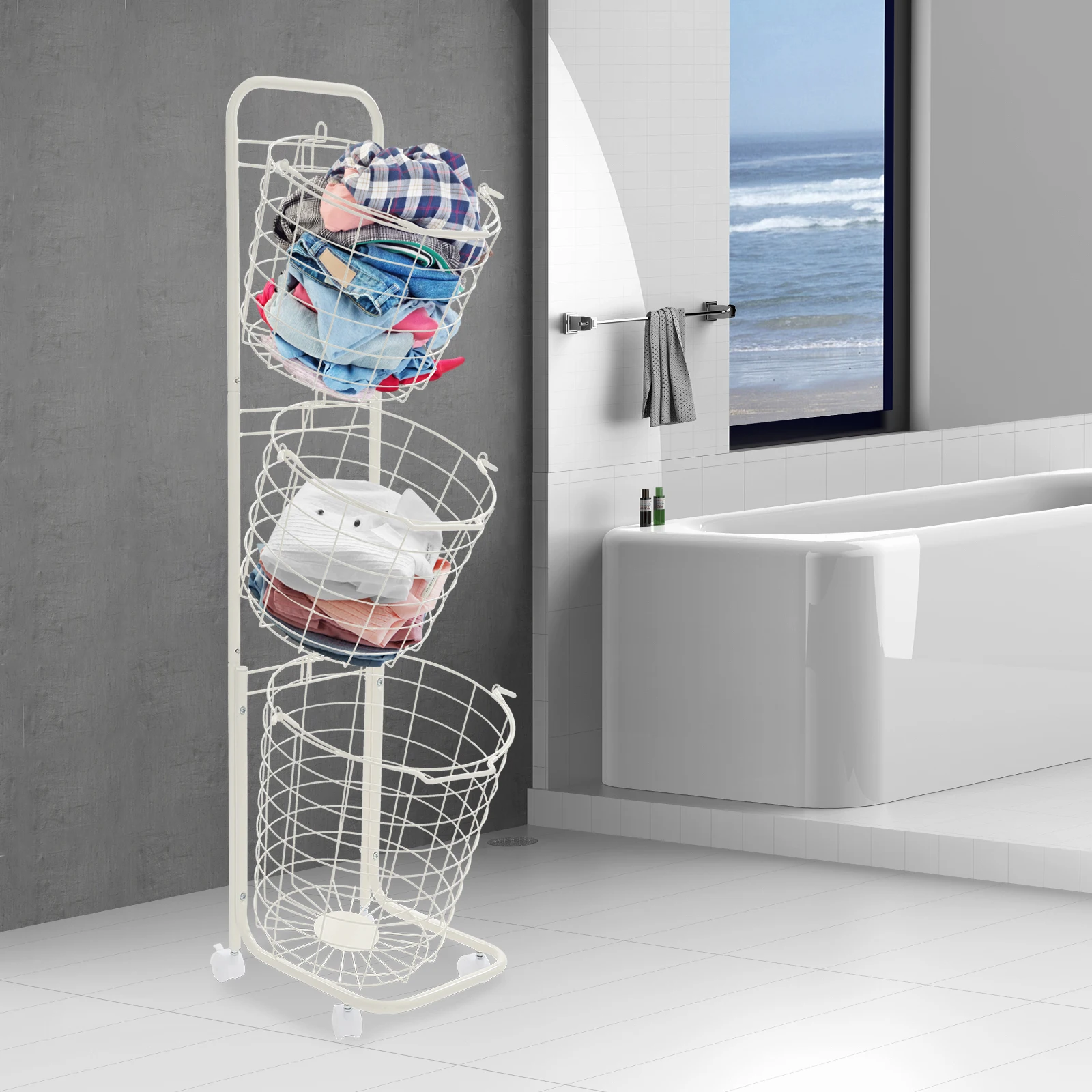 

3-Tier Laundry Hamper with 3 Removable Wire Basket, Clothes Laundry Basket Bin with Wheels, Clothes Storage Metal Basket, White
