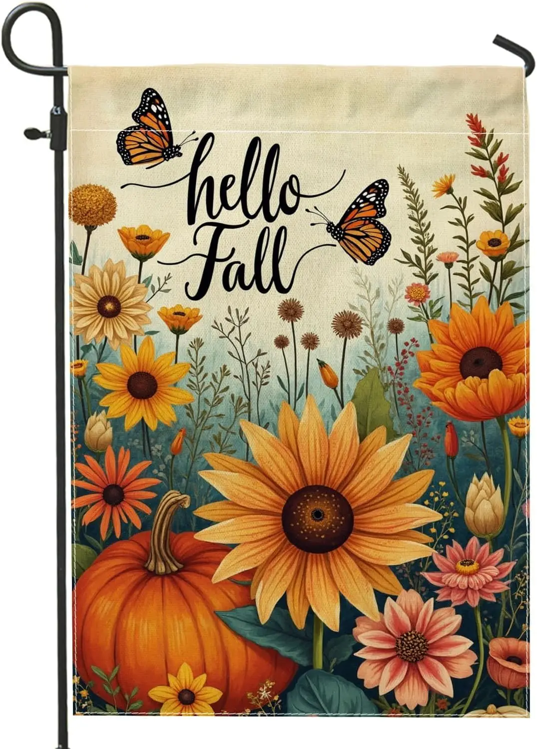 Hello Fall Garden Flag, Multicolor Sunflowers and Pumpkins Home Decor Banner, Double Sided Burlap Outdoor Lawn Decoration fo yyi