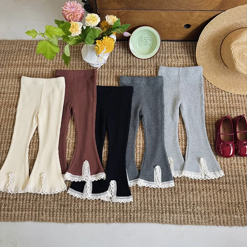 Kids Bell Bottom Pants - Elastic Waist Knitted Lace Flare Pants for Girls, Spring Fashion Cute Comfortable Trousers