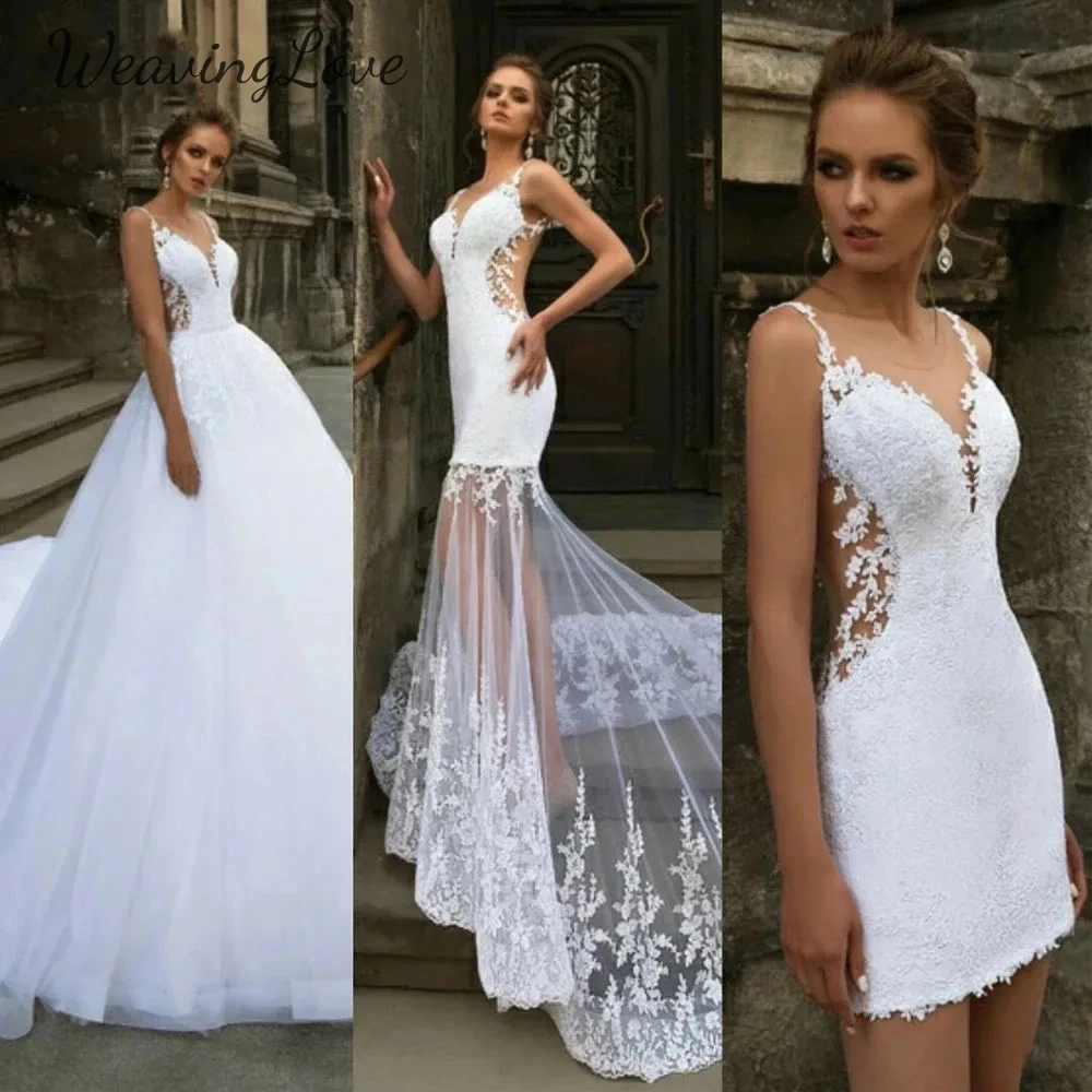 Fashion Mermaid Backless Wedding Dress with Detachable Train Three Pieces 3 in 1 With Button Lace Appliques Vestidos De Gala