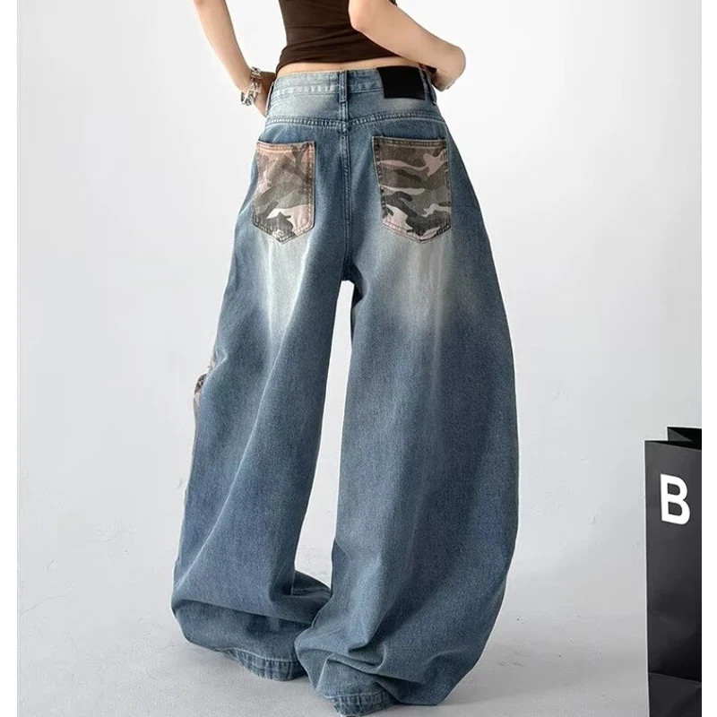 Spring 2026 Women's Loose Fit Wide Leg Jeans Camouflage Patchwork Street Dance Knife Pants Cotton Lycra Blend Low Waist