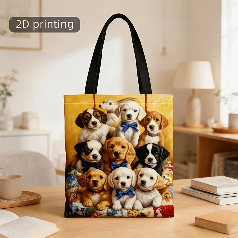 Portable Cute Realistic Puppy Print Tote Bag, Reusable Shopping Bas Handbag Women's Shoulder Pouch