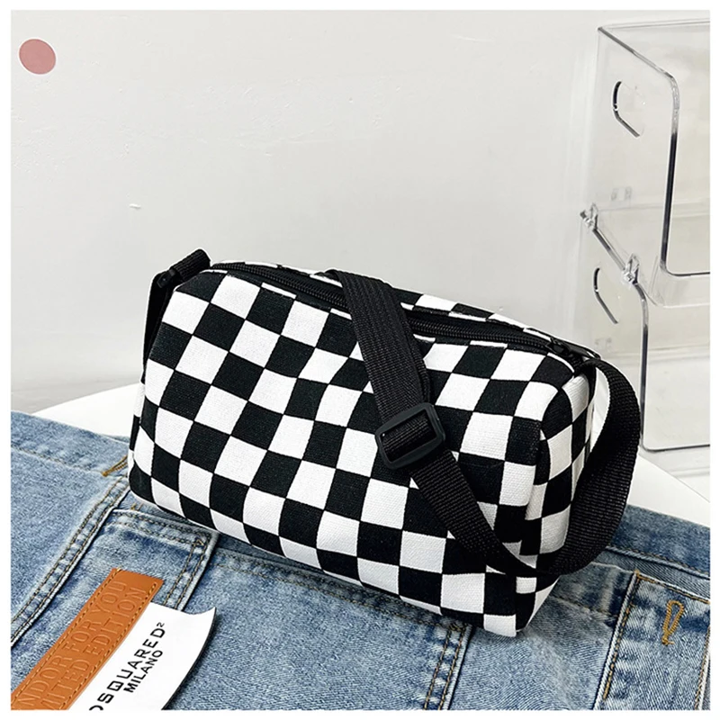 Checkerboard Canvas Bolsa Zipper Design Tendência Messenger Bag Alça de Ombro Ajustável Bolsa Estilo Americano Mochila