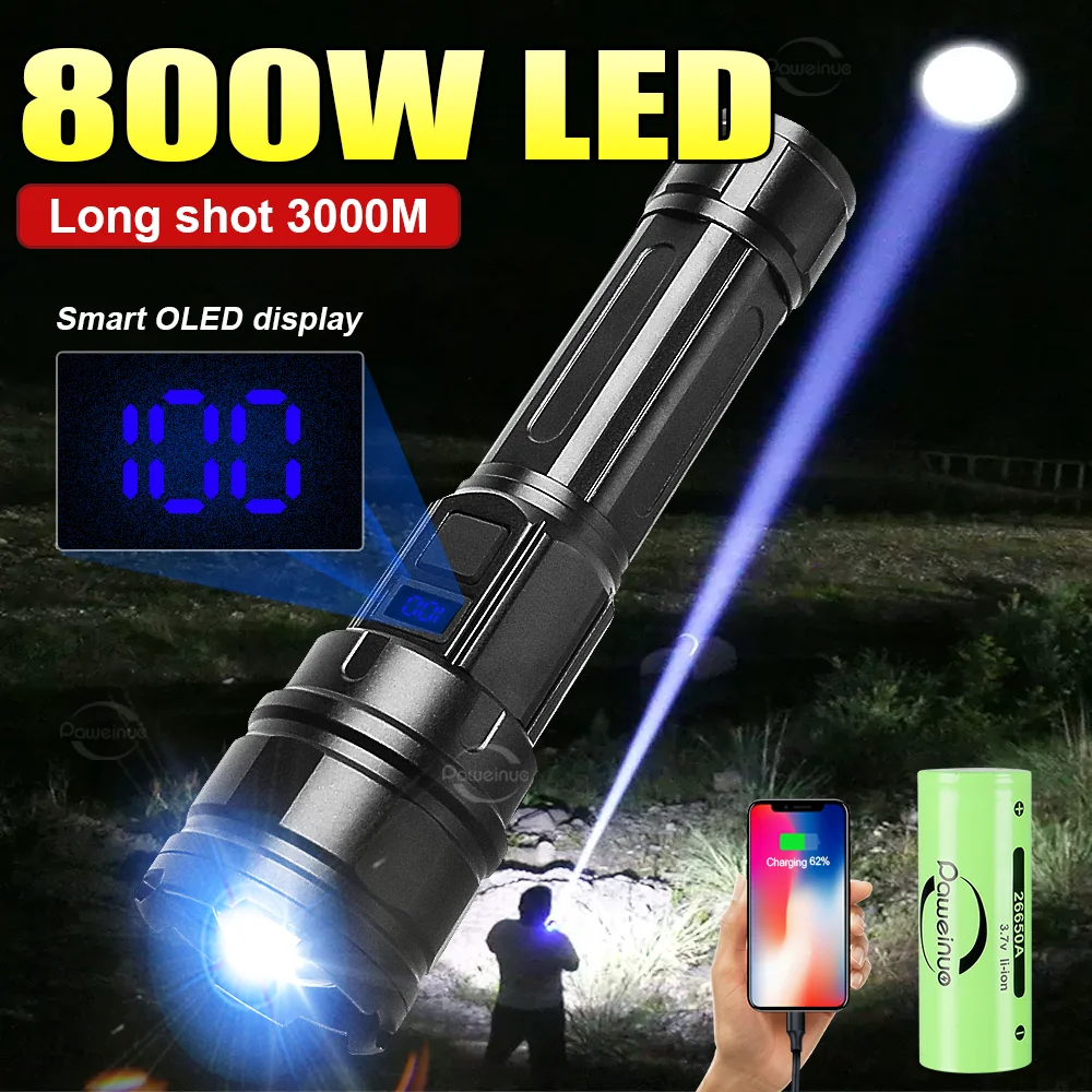 

New 800W White Laser Super Bright Torch High Power LED Flashlight USB Rechargeable Outdoor Work Light Fishing Camping Lantern