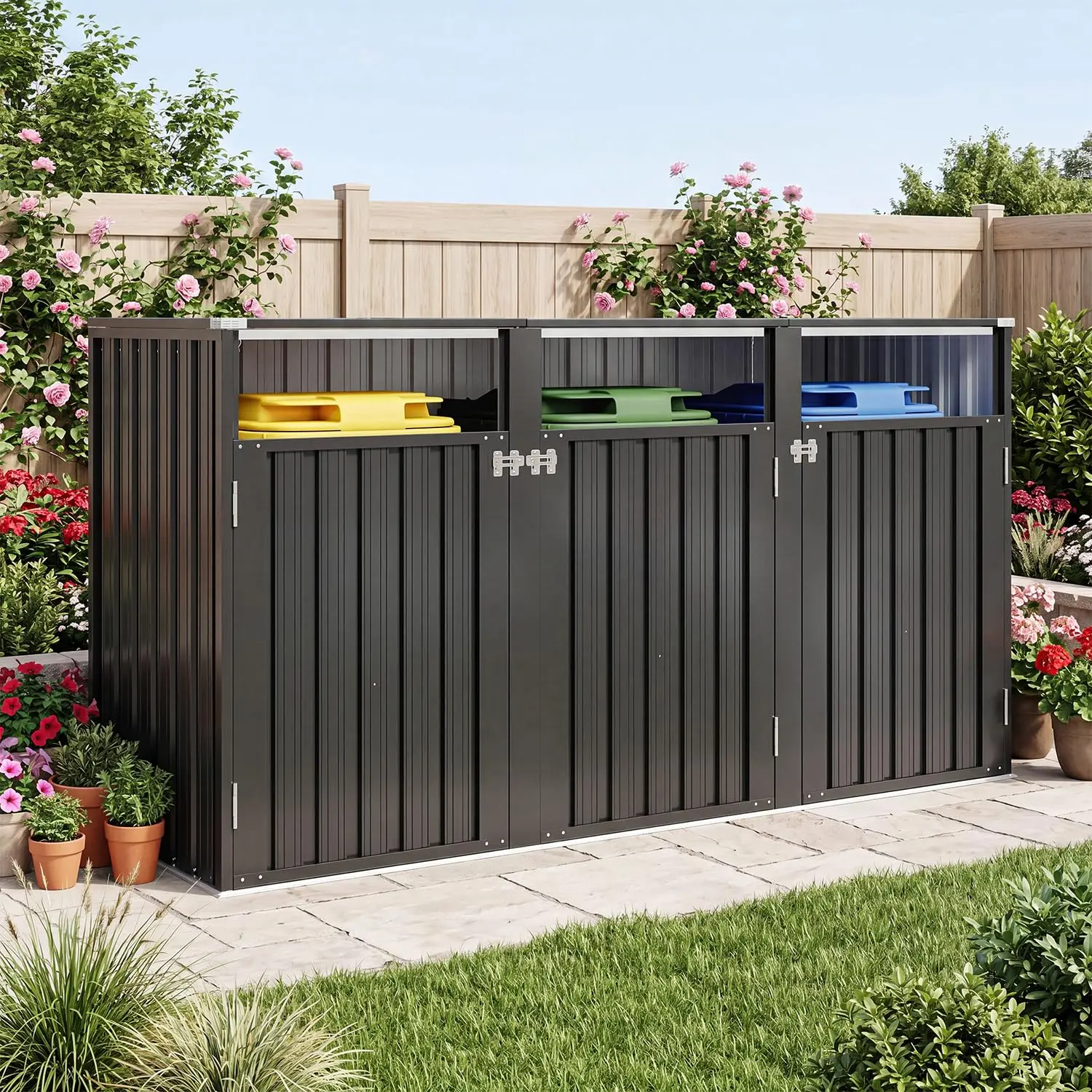 Metal Waterproof Outdoor Trash Can Storage Shed 3-Bin, Customized
