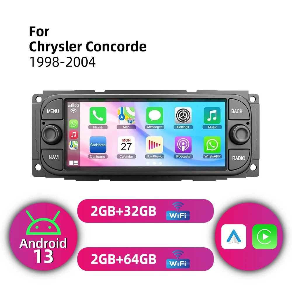 Pantalla Multimedia para Automóvil Android 13 de 6.86 Pulgadas para Chrysler Concorde 1998-2004, Unidad Principal de Radio 1 Din, Estéreo, Carplay Inalámbrico, Autoradio