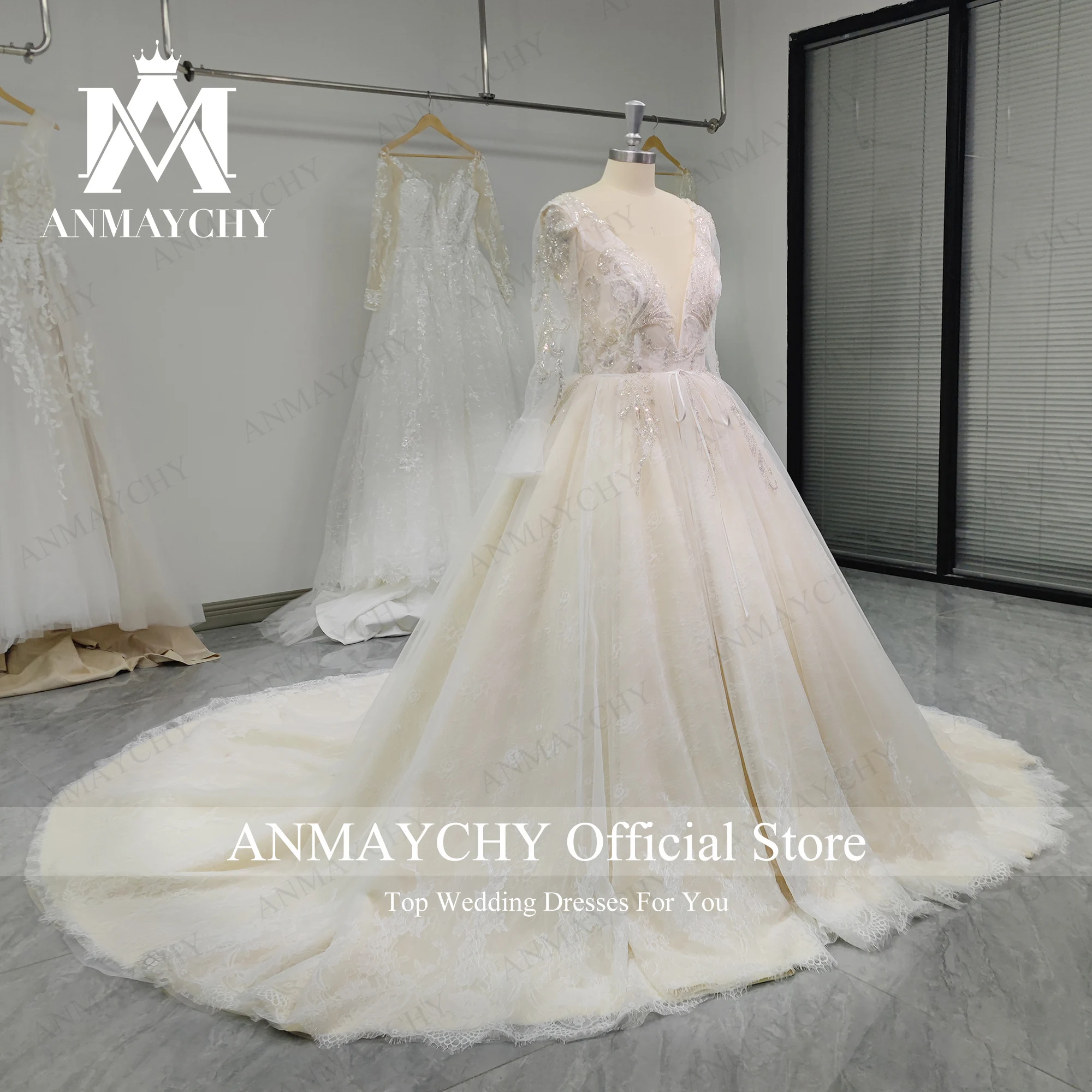 ANMAYCHY Long Sleeve Wedding Dress For Women 2022 Bride Illusion Embroidery Beading V-Neck A-Line Wedding Gown Vestidos De Novia