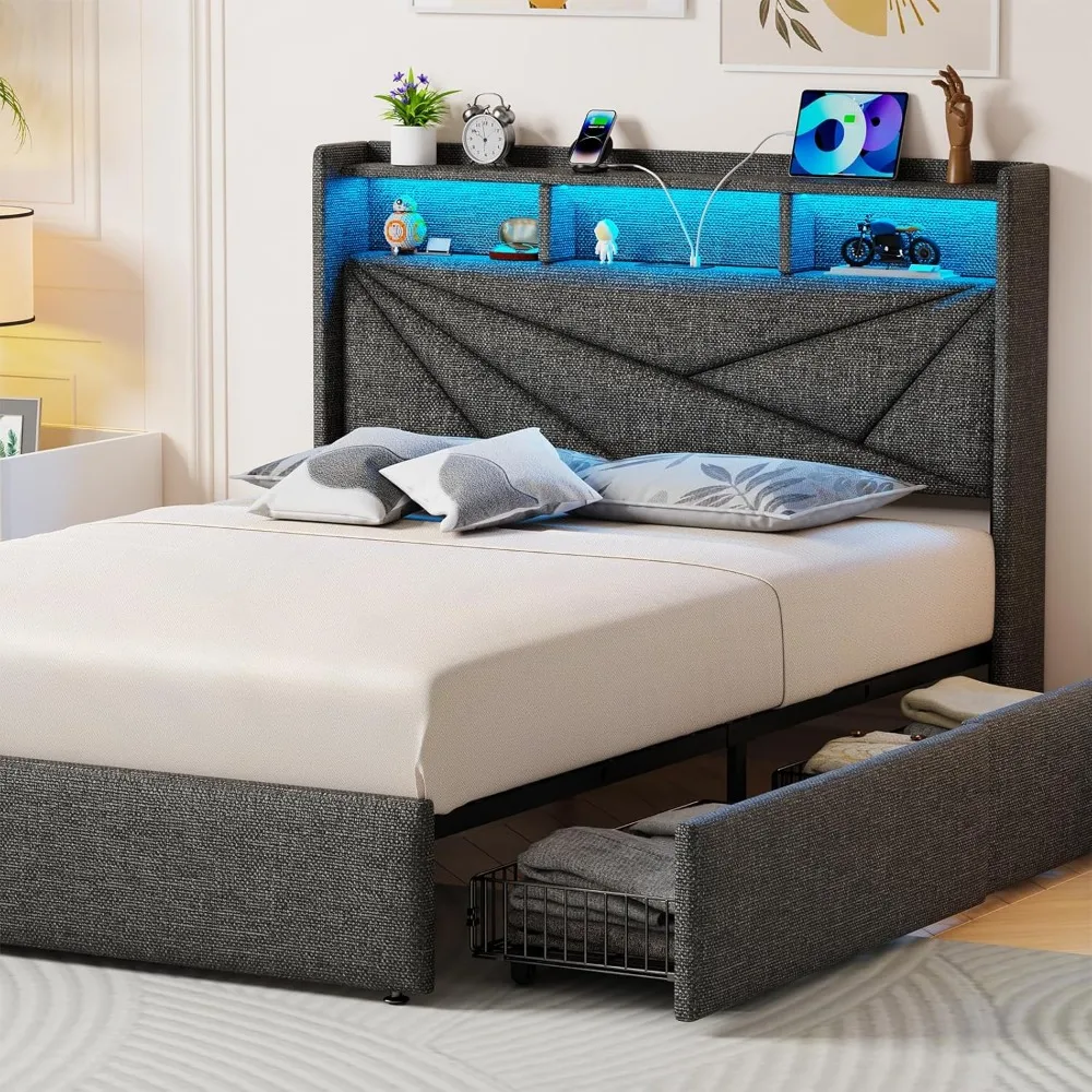 Queen Size Upholstered Bed Frame with 4 Storage Drawers, LED Light Headboard, and Charging Station