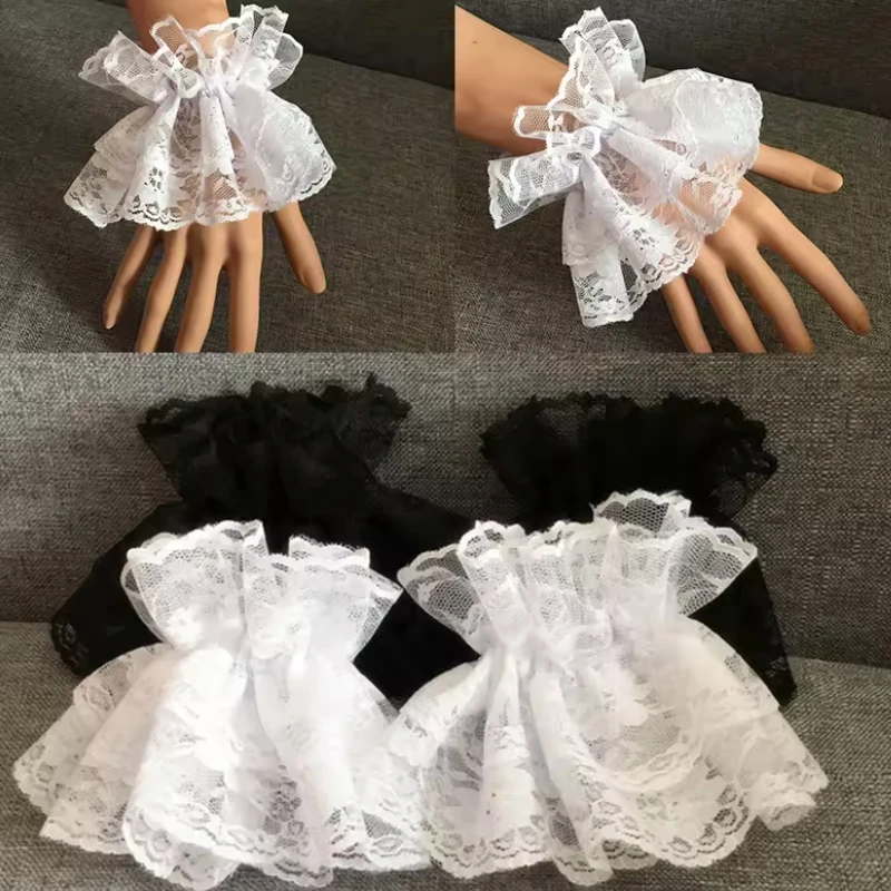 1/2 Pairs Short Hand Sleeve Gloves Lolita Hand Sleeve Wrist Cuffs Ruffled Floral Lace Elastic Bracelet Clothing Accessory