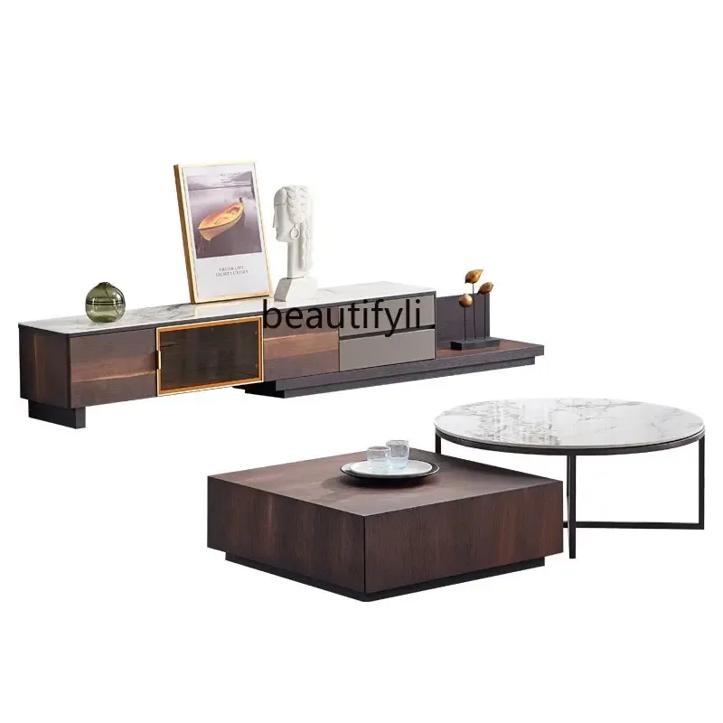 โต๊ะกาแฟทรงสี่เหลี่ยมสไตล์อิตาเลียนหรูหราเบาๆ รุ่น V132 สีสโมคกี้ โมเดิร์น มินิมอล สำหรับห้องนั่งเล่น พร้อมตู้เก็บของใต้โต๊ะ