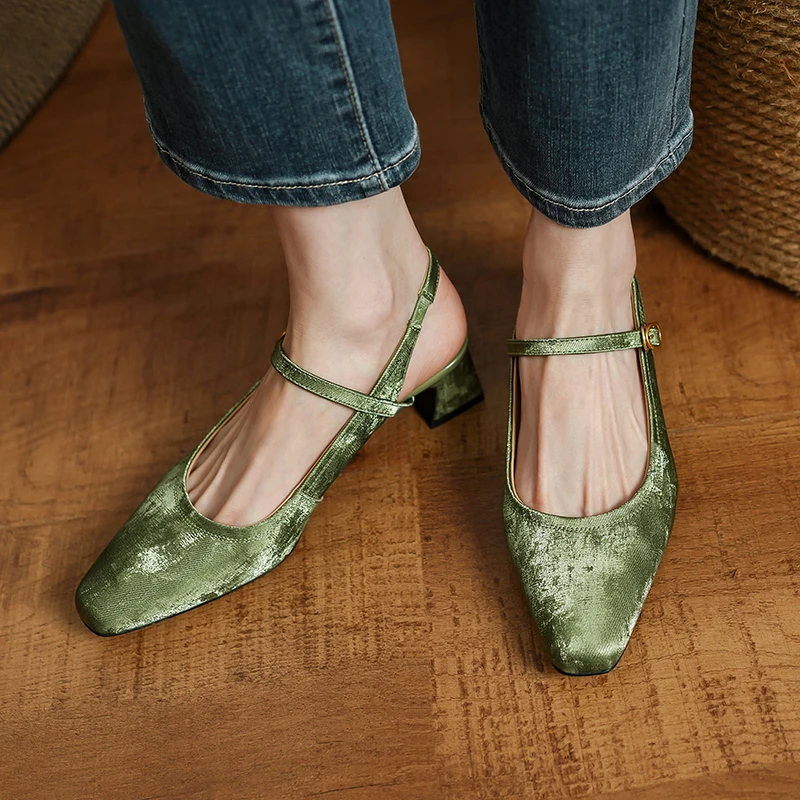 

Woman Shoes On Med Heel 5CM Retro Style Women Green Pumps Lady Slingbacks Summer Shoes SquareToe Spring Atumn Slingbacks Pumps