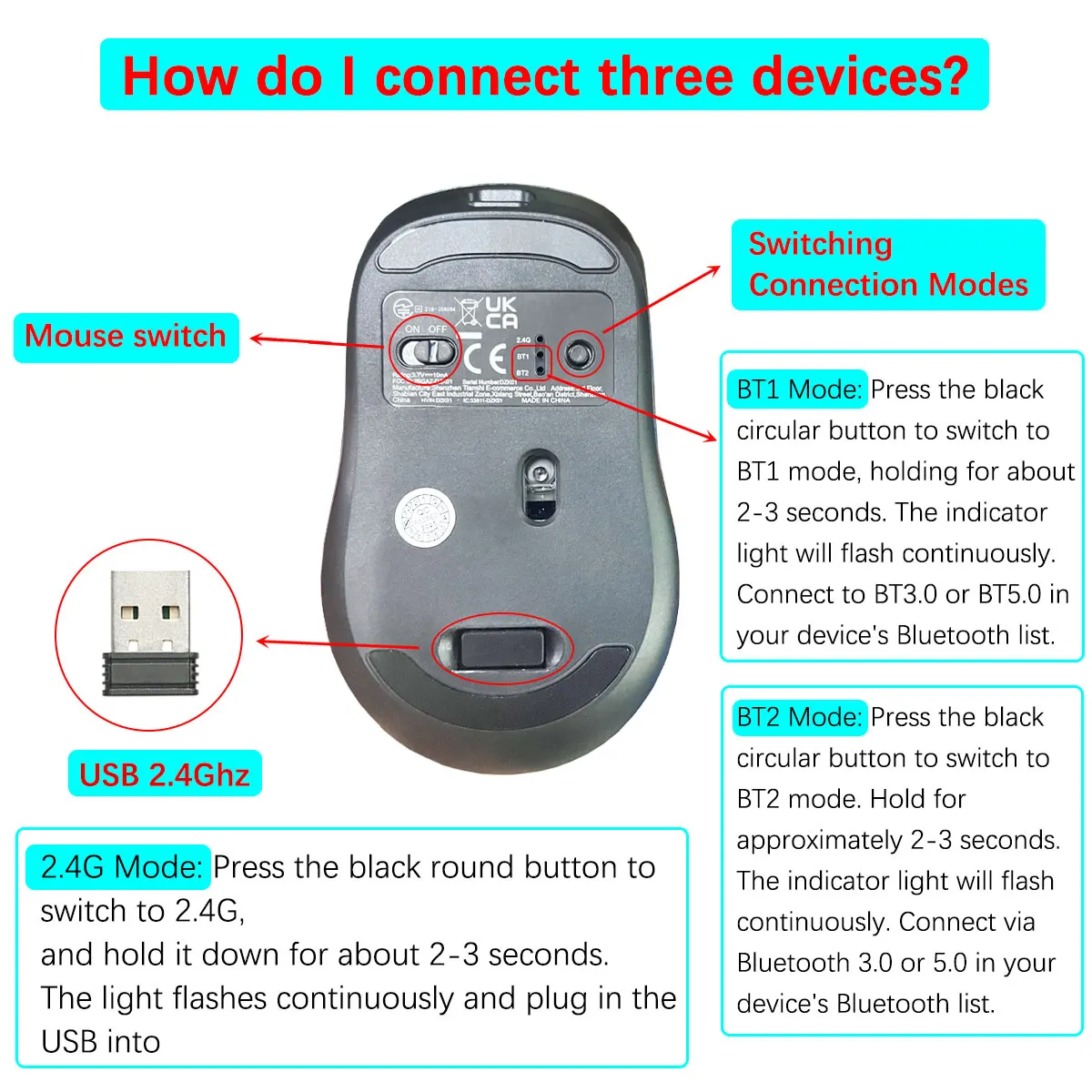 USB 2.4Ghz Bluetooth対応のワイヤレスマウス、iPad、MacBook、タブレット、ラップトップ、コンピュータ、PC用の人間工学に基づいたワイヤレスオフィスマウス