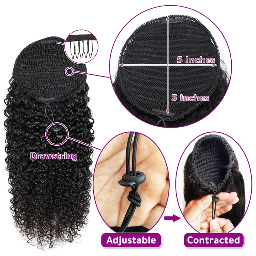 Ekstensi Rambut Kuncir Kuda Model Drawstring 100% Rambut Asli Warna Natural Model Water Wave Corn Wave untuk Wanita