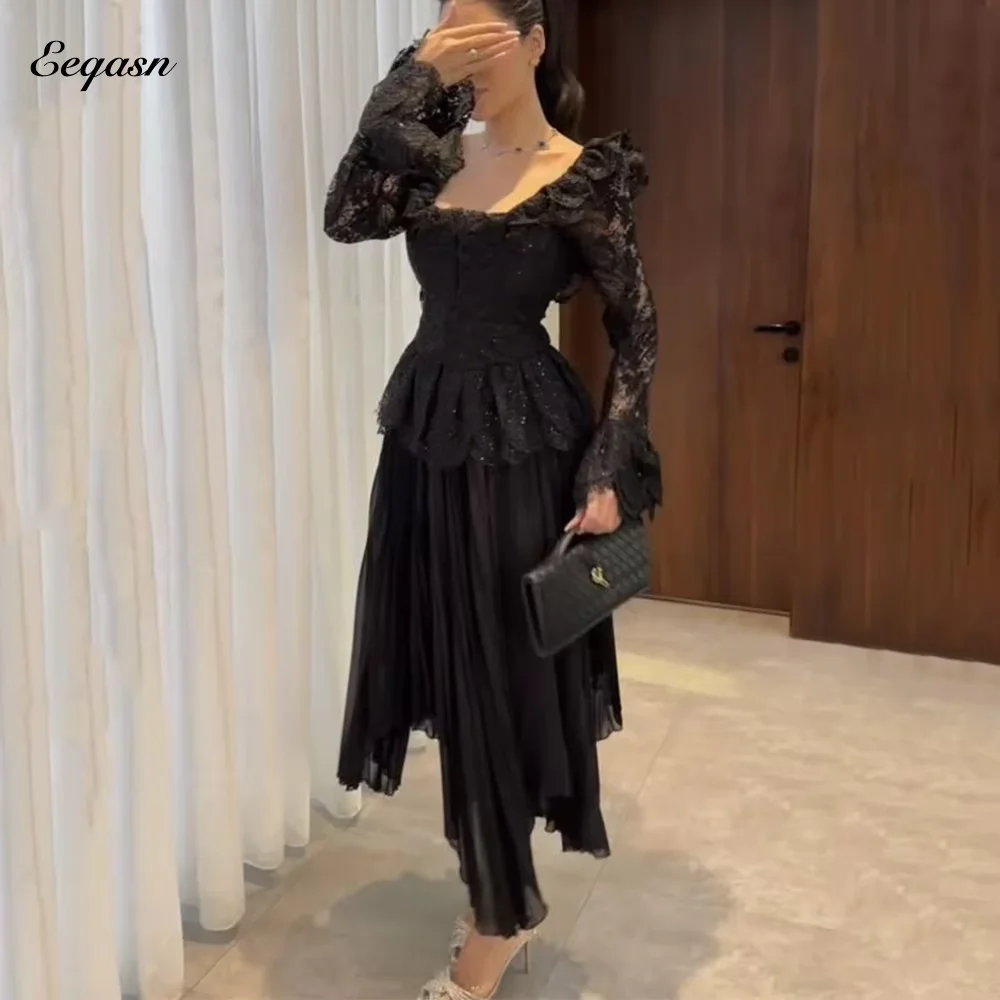 

Черные вечерние платья миди Кружева с длинным рукавом длиной до щиколотки Вечерние платья трапециевидной формы без бретелек Свадебное вечернее платье Robes De Soirée по индивидуальному заказу