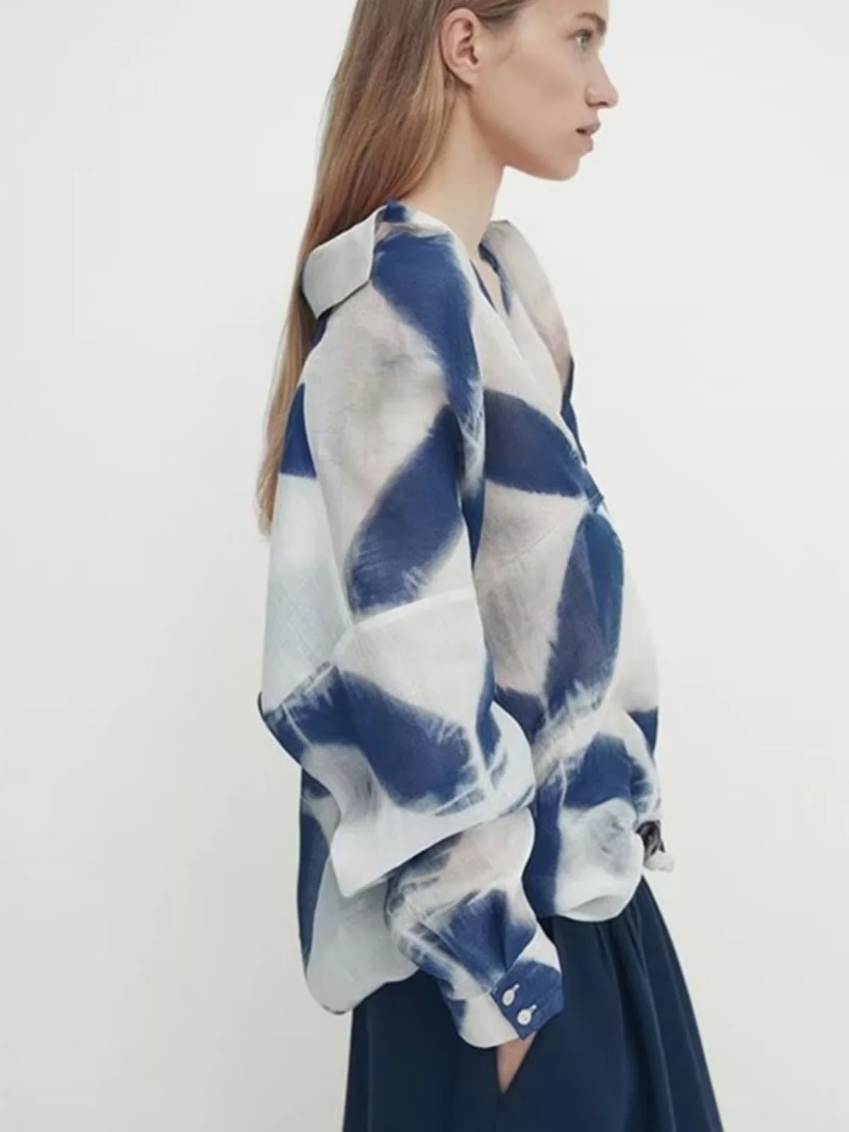 Losse artistieke Sle Long Sve Ne blauw katoen linnen print irt voor dames herfst nieuwe collectie vrijetijdskleding