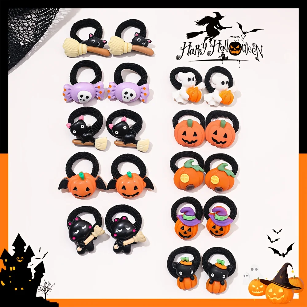 10-Pack Cute Halloween Hair Ties for Girls - Spooky Pumpkin Ghost Bat And Cat Design Ideal Halloween Gift for Girls