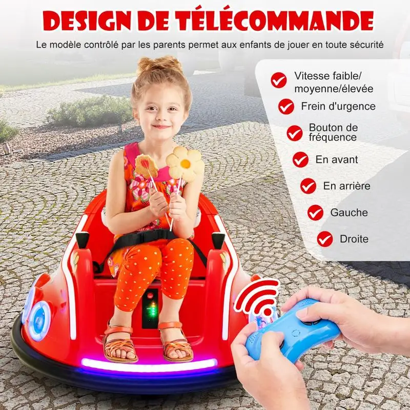 Auto Elettriche da Collisione 12V con Rotazione a 360° ° Luci LED Rotanti con Musica e Telecomando in Rosso, Rosa e Blu