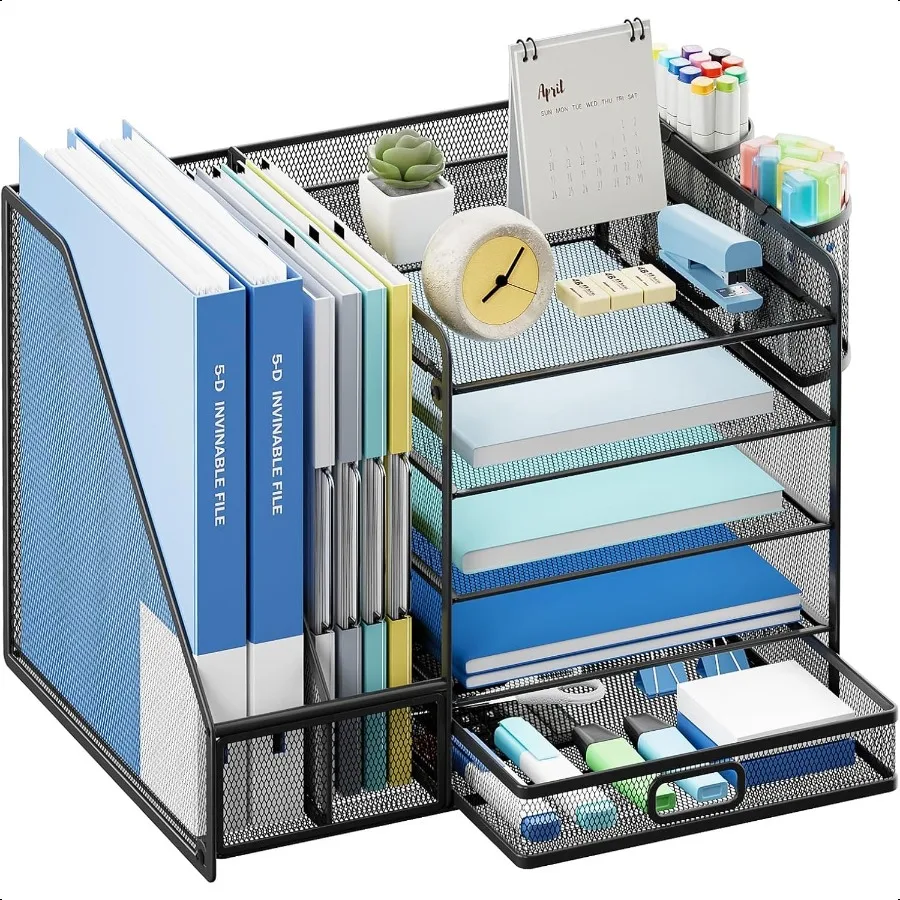 

Lavatino Desk Organizer with File Holder 5Tier Paper Letter Tray Organizer with Sliding Drawer and 2 Pen Holder Mesh Desktop Fi
