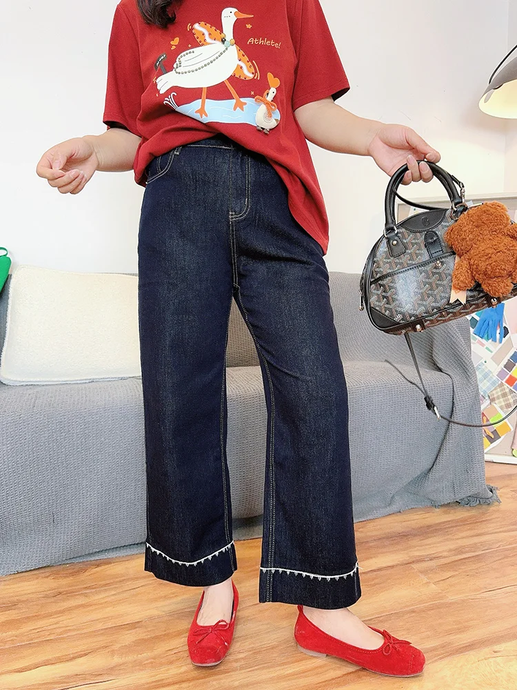 

Deep Blue Embroidered Straight Leg Jeans New Arrival Versatile Slimming Women's Cotton Denim Spring Season Natural Waist