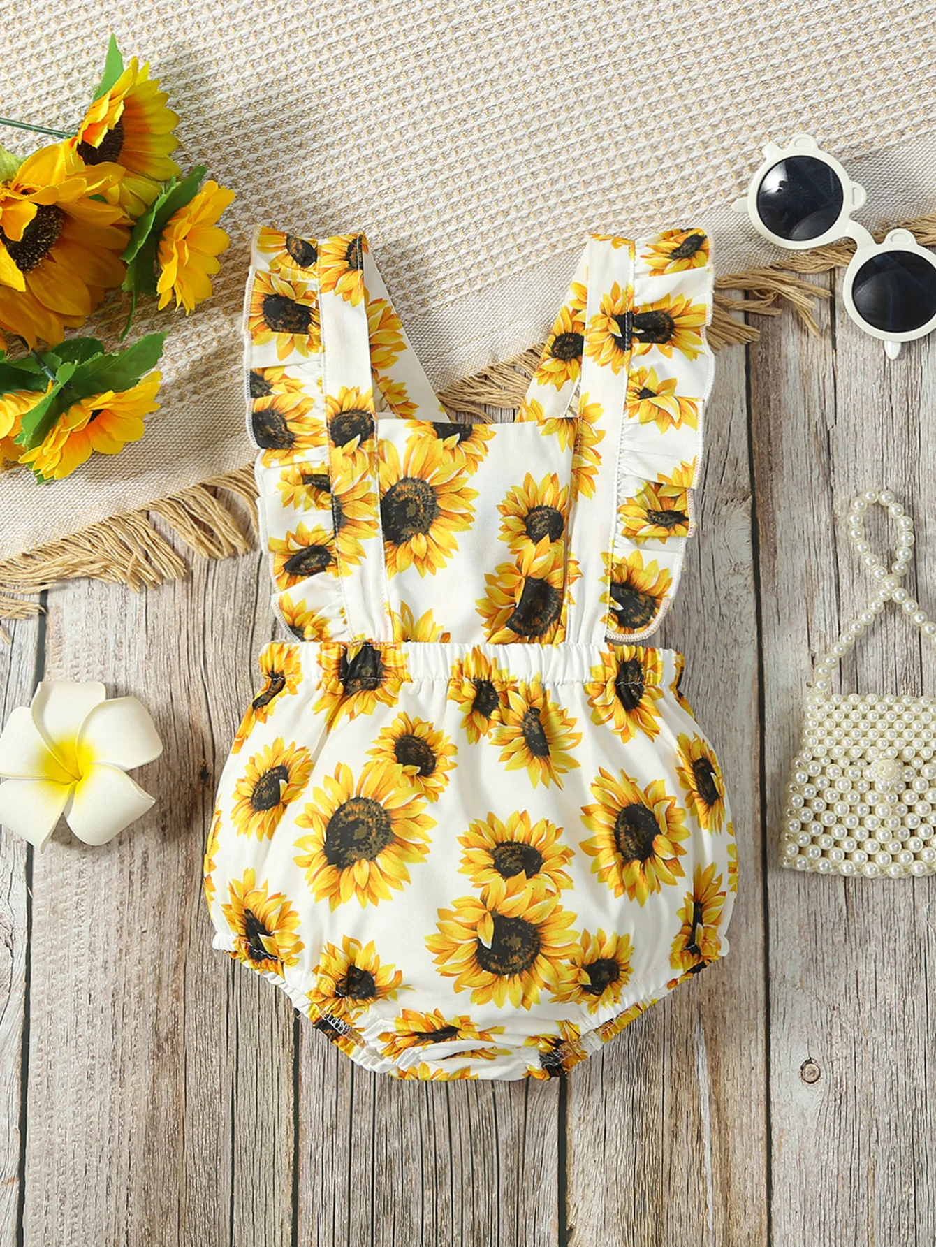 Baby Girls Sunflower Print Ruffle Trim Square Neck Crisscross Back Bodysuit Infant Newborn Fashion Summer Clothing