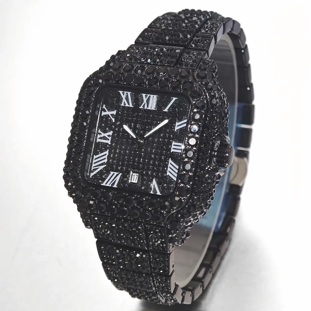 유니게트 럭셔리 아이스드 워치 남성용 쿨 블랙 다이아몬드 힙합 쿼츠 시계 남성용 로마 숫자 사각 손목시계 선물 특가 판매