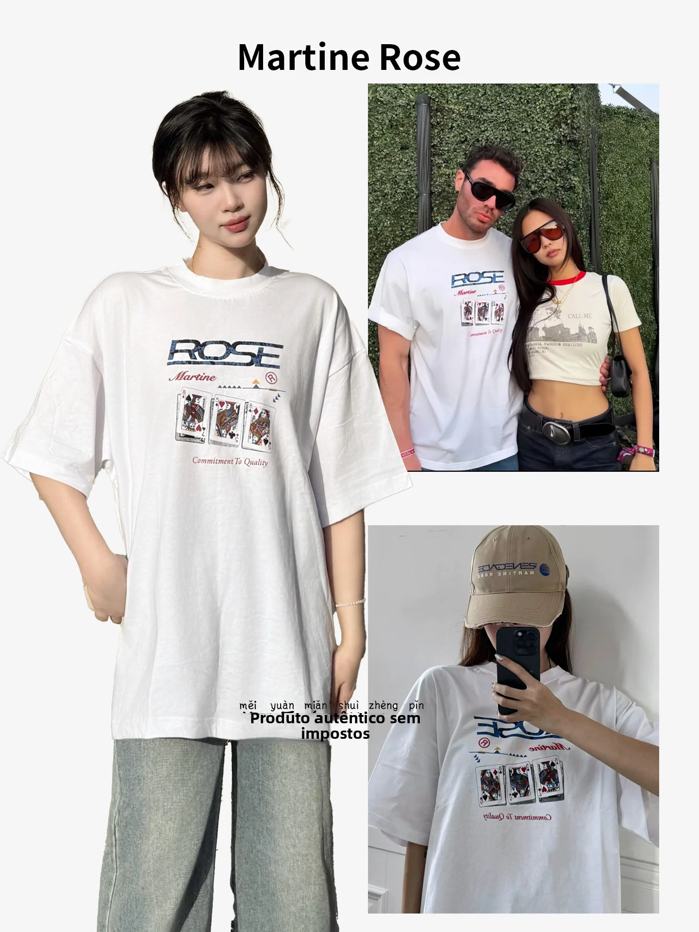 マーティンローズ-ポーカープリント半袖tシャツ-ユニセックス-ホワイトトップ-サマーカジュアルスタイル-コットン-ラウンドネック-レギュラーフィットtシャツ