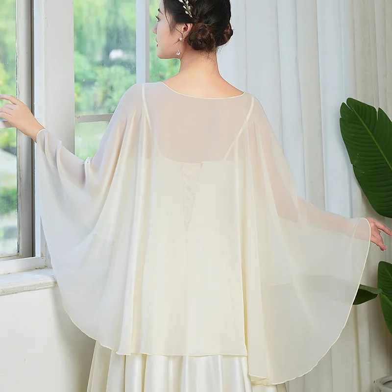 Robe cape en mousseline de soie noire pour femme, élégante, simple, douce, décontractée, haussement d'épaules pour femme, robe de soirée, châle rouge et blanc, mariage