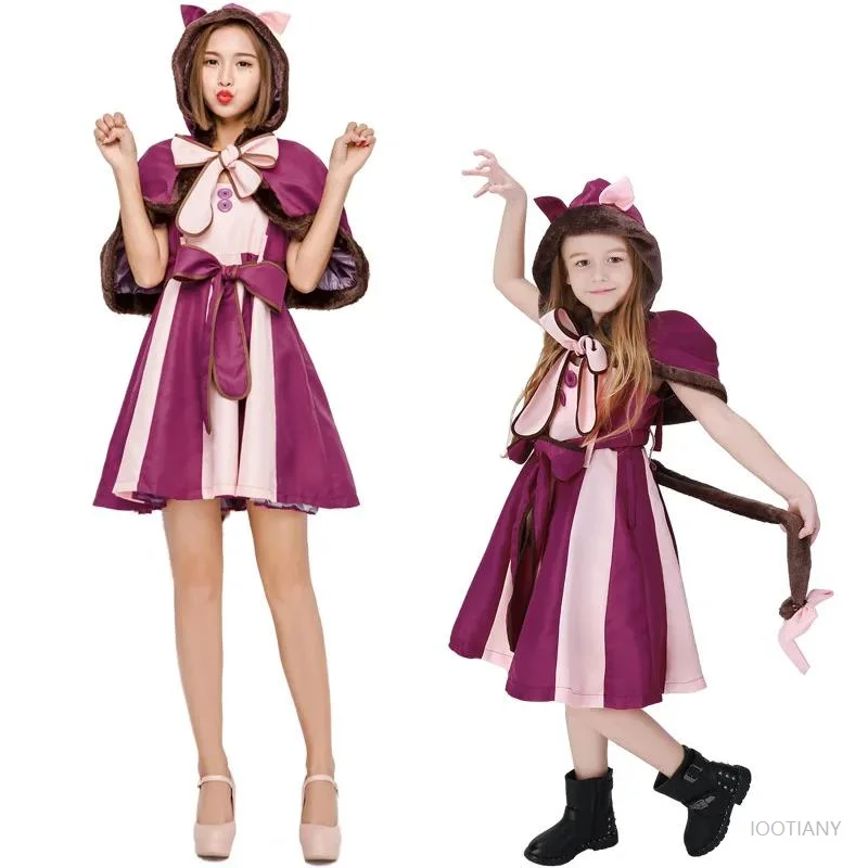 Halloween Anime Fairy Tale In Wonderland Cheshire Cosplay Costume Christmas Party Purple Cute Smiley Cat Parent-child Dress