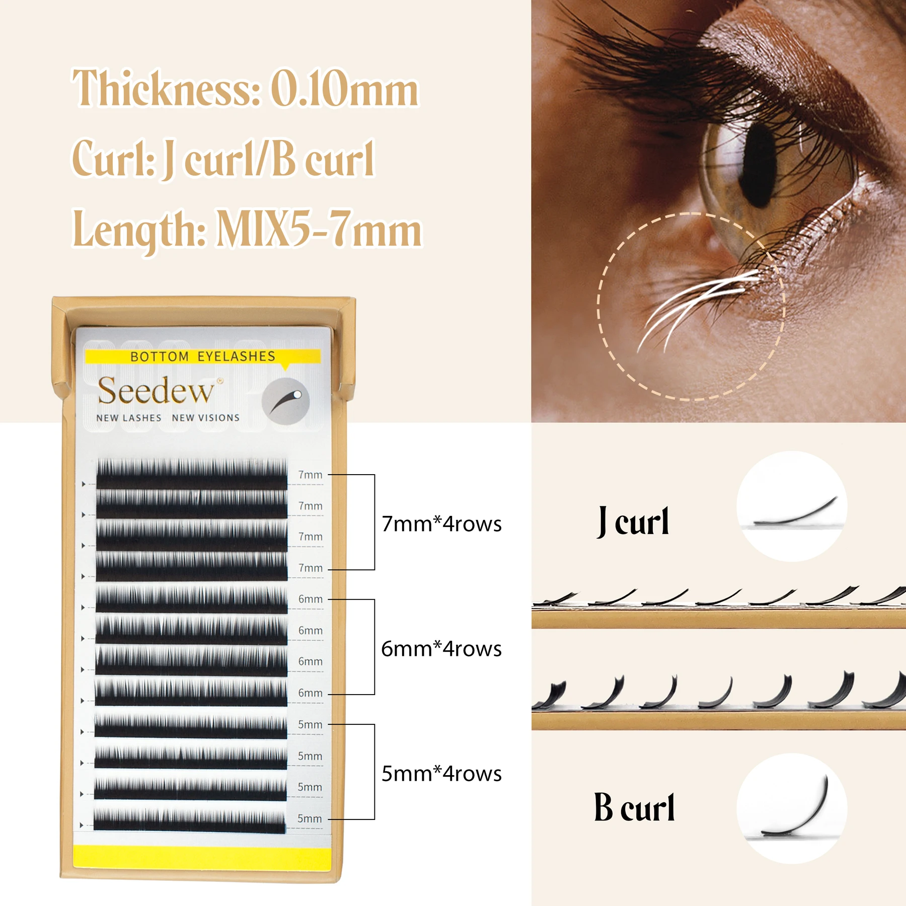 SEEDEW 0.10/0.15 J/B Curl Cílios inferiores sob extensões de cílios Maquiagem 5/6/7mm Suprimentos de cílios Super Soft Natural