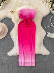 Foamlina Sweet Cool Strapless Dress for Women Summer Sexy Gradient Color Sleeveless Wrinkled Slim Wrap Hip Bodycon Party Dress
