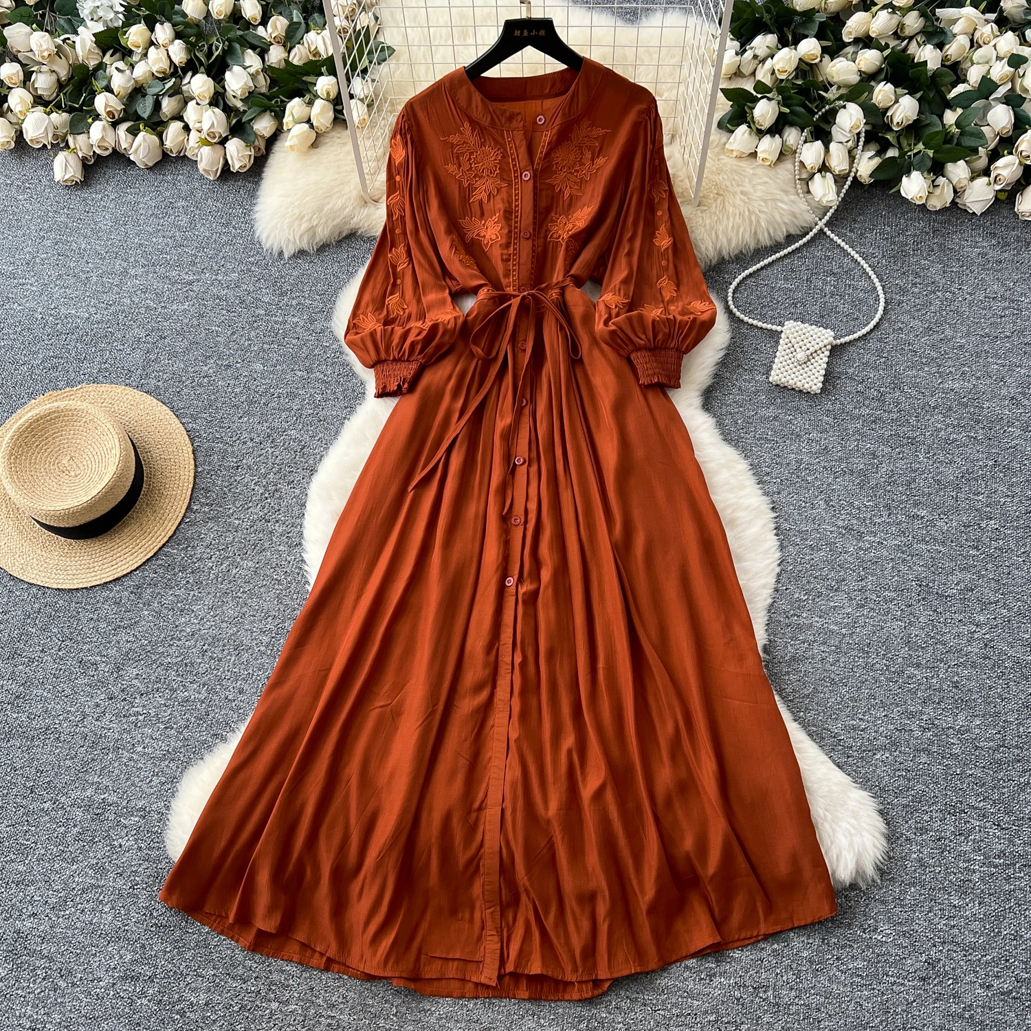Vintage elegante geborduurde knoopjurk A-lijn chique casual strandvakantie dames zomerjurken