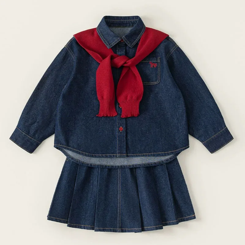 

Весенне-осенняя одежда для маленьких девочек, корейская модная повседневная джинсовая одежда синего цвета с длинными рукавами, детские топы + юбка + шаль, детские комплекты и наряды B418