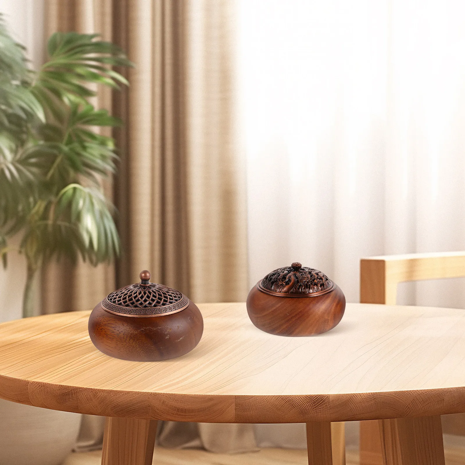 

2pcs Elegant Wooden With Lid Solid Wood Holder Vintage Censer For Home Decor Stick Storage Tower Tray Chinese Incense Burner