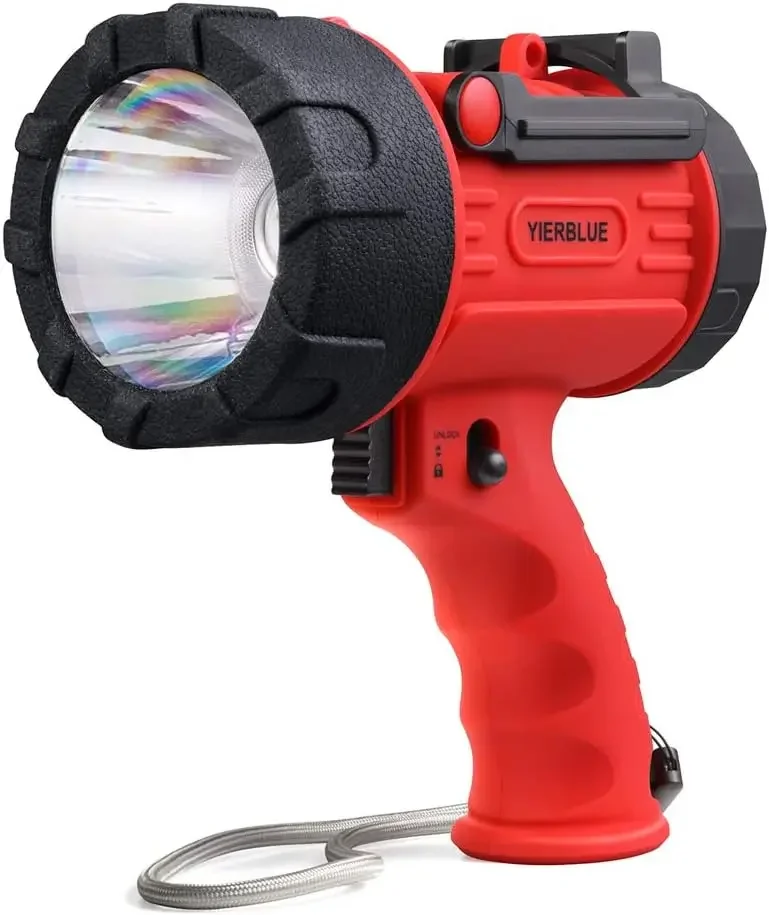 

200000 Lumen LED, IP67 Waterproof Handheld Flashlight Searchlight with Detachable Red Light Filter, 10000mAh Long Running USA