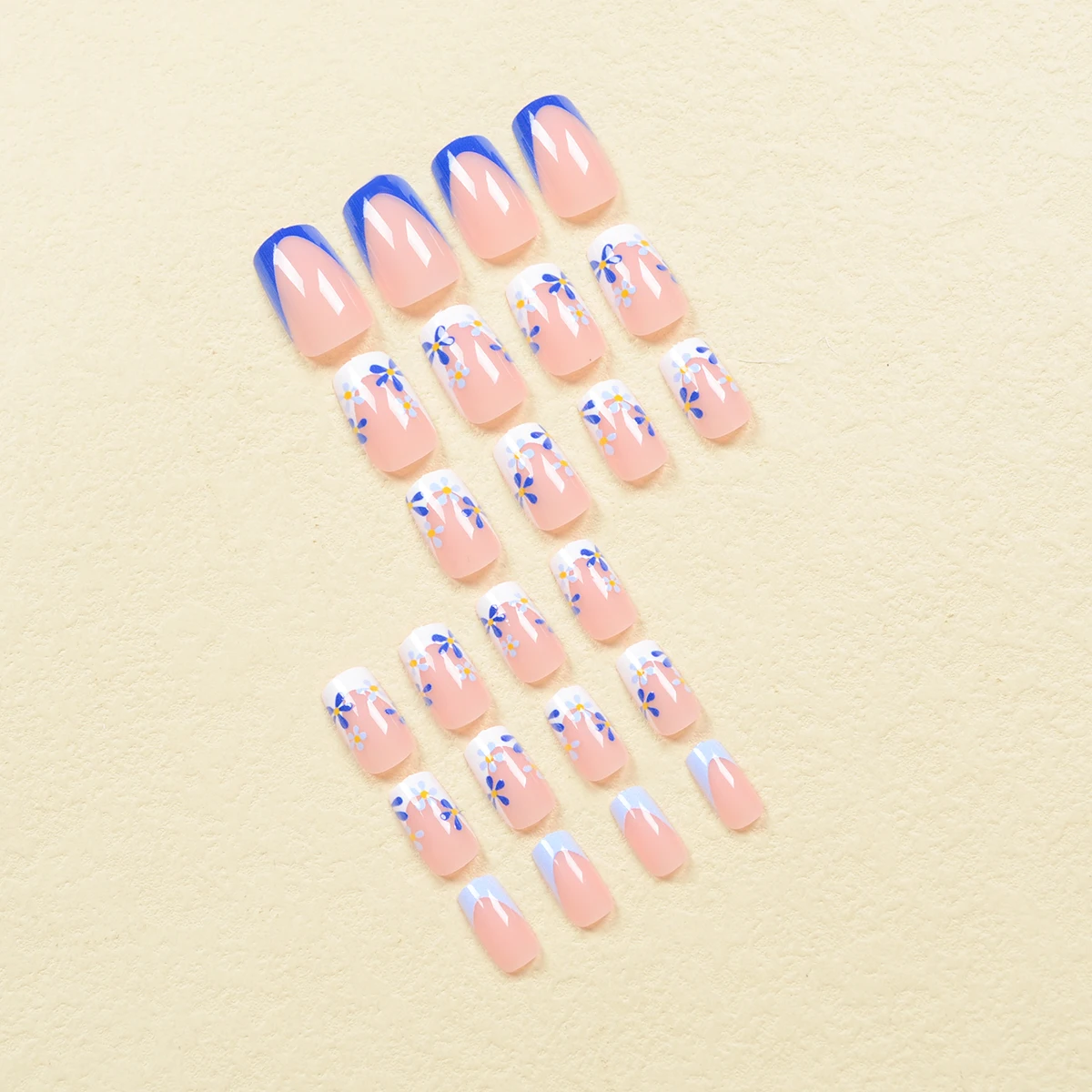 Juego de 24 piezas de uñas cuadradas medianas, Punta francesa azul y blanca con bonito diseño Floral, acabado brillante, perfecto para las manos