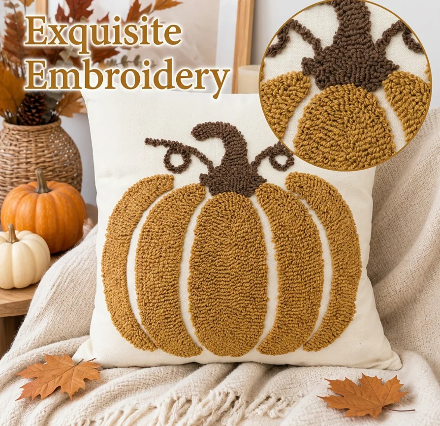 Autumn Tufted Pumpkin Throw Pillow Cover Soft Linen 18x18 Inch Cushion Thanksgiving Farmhouse Sofa Bed Decorative Pillowcase
