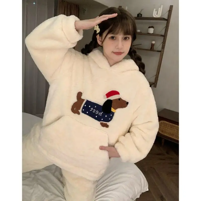 New Winter Women's Pajama Set Girl Nightwear Dachshund Cartoon Flannel Cute Coral Fleece Cozy Warm Loungewear Sleepwear