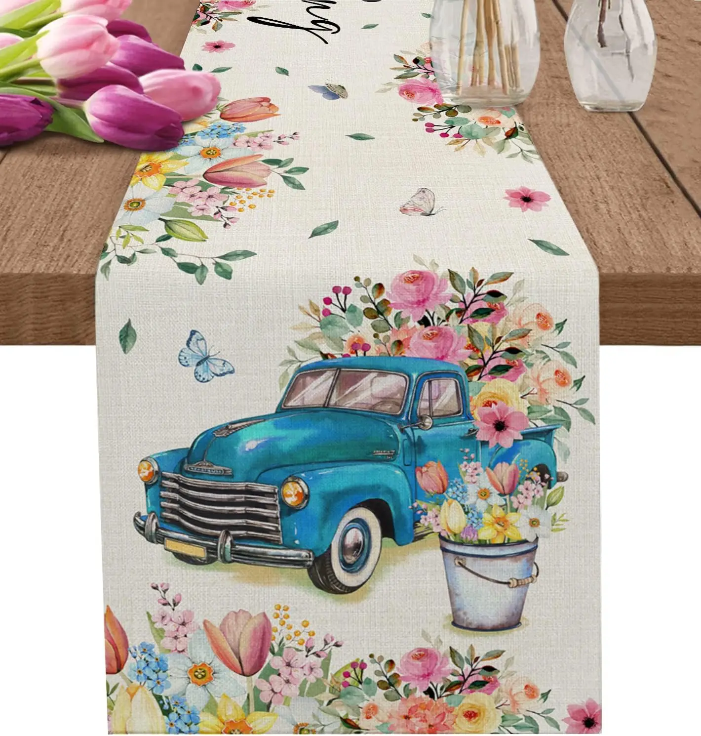 Spring Tulip Flowers Truck Linen Table Runner Wedding Party Decor Seasonal Watercolor Florals Table Runners Dresser Scarf Decor