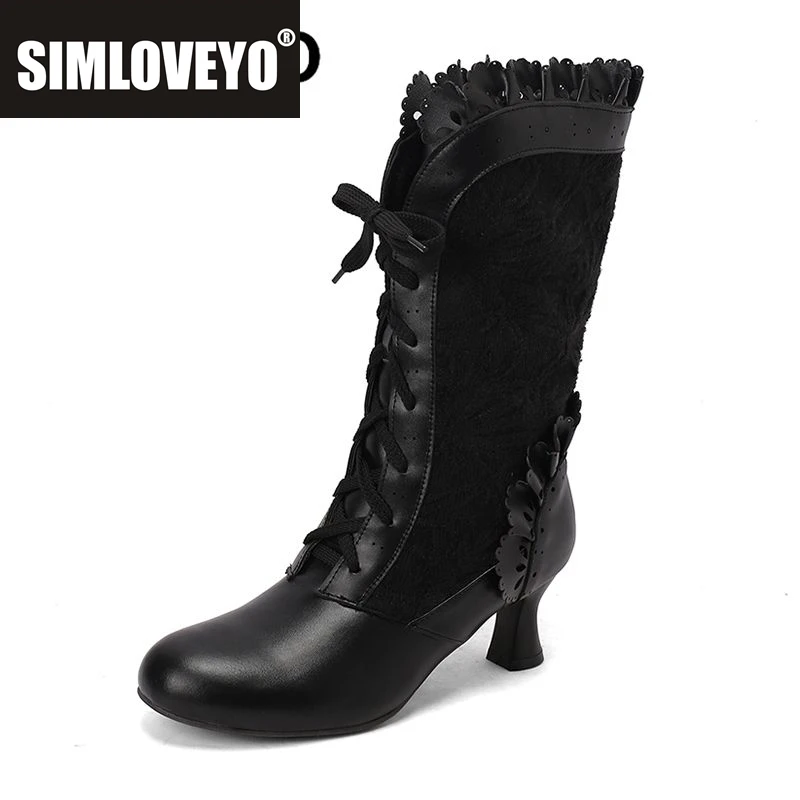 

SIMLOVEYO Милые женские сапоги до середины икры с круглым носком, маленькие каблуки 5,5 см, шнуровка для взрослых, сетка, большой размер 48 49 50, модные ботильоны для свиданий
