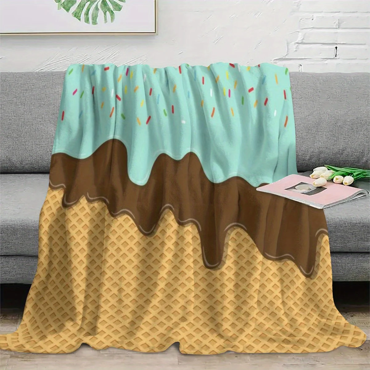 Fun Cartoon Dripping Chocolate Ice Cream Cone Pattern Flannel Blanket Cozy Plush Bedspread Portable Travel Blanket for Bedroom