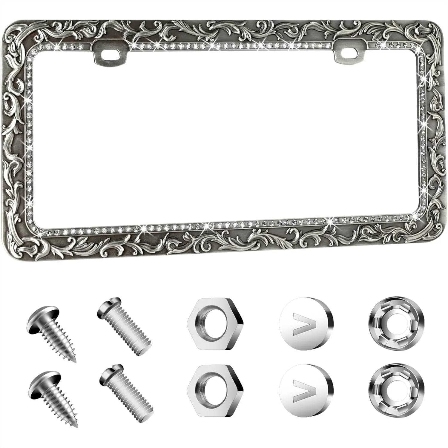 

Valor Gel Metal License Plate Frame with Crystal Rhinestones, Antique Pattern, Universal 2 Holes for Cars Trucks