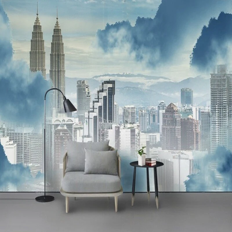 

New Chinese-style grandeur mountains high-rise buildings clouds and mist high-end custom TV luxurious home decoration bedroom